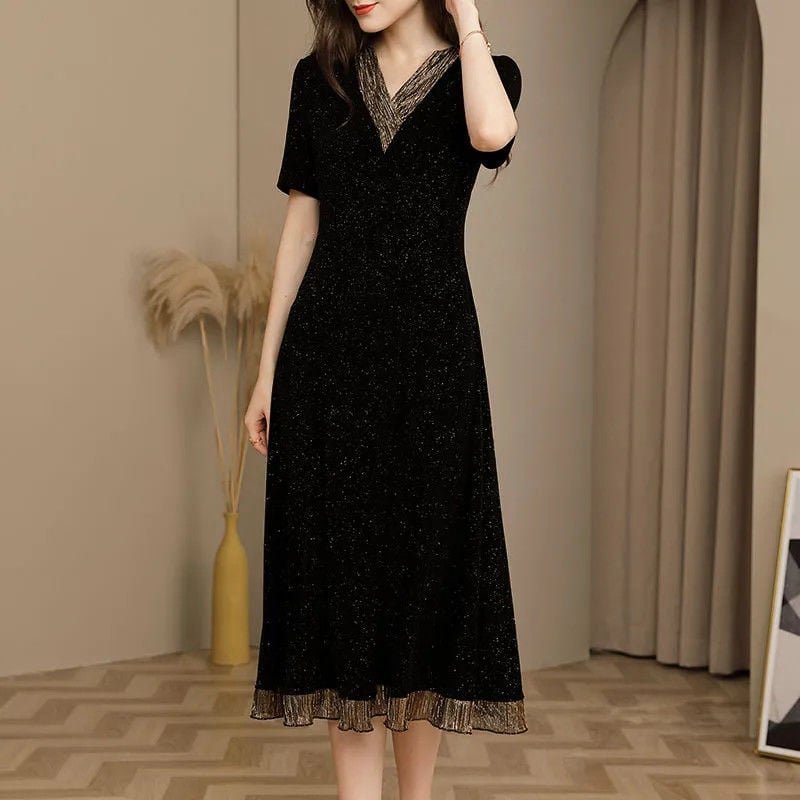 Rochie cu decolteu în V, croială în A, mâneci scurte, imprimeu, poliester