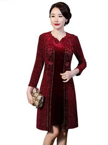 Dviejų dalių suknelių komplektas uošvei per vestuvinį tostą, aukštos kokybės velūras su metaline siūle, karoliukų siuvinėjimas, vidutinio ilgio, poliesteris 90–95%, pavasaris 2025