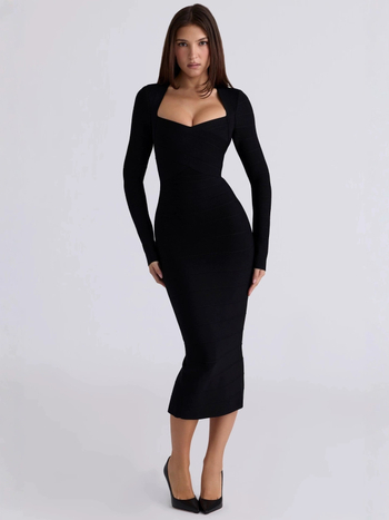 Elegantna haljina s U-izrezom, dugi rukavi, bandage stil, midi duljina, pogodna za party i večernje prigode