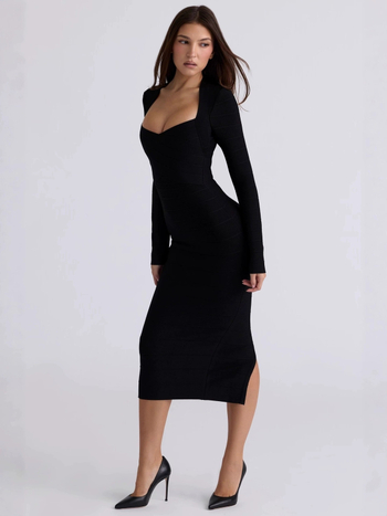 Elegantna haljina s U-izrezom, dugi rukavi, bandage stil, midi duljina, pogodna za party i večernje prigode
