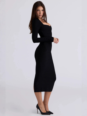 Elegantna haljina s U-izrezom, dugi rukavi, bandage stil, midi duljina, pogodna za party i večernje prigode
