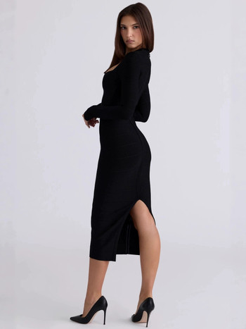 Elegantna haljina s U-izrezom, dugi rukavi, bandage stil, midi duljina, pogodna za party i večernje prigode