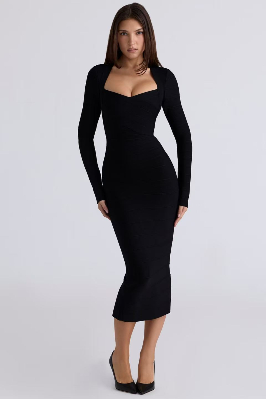 Elegantna haljina s U-izrezom, dugi rukavi, bandage stil, midi duljina, pogodna za party i večernje prigode