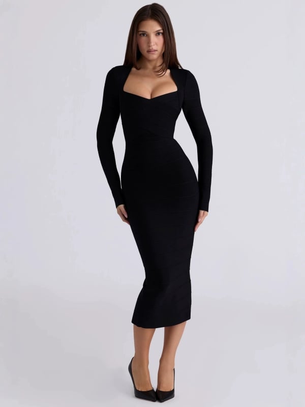 Elegantna haljina s U-izrezom, dugi rukavi, bandage stil, midi duljina, pogodna za party i večernje prigode