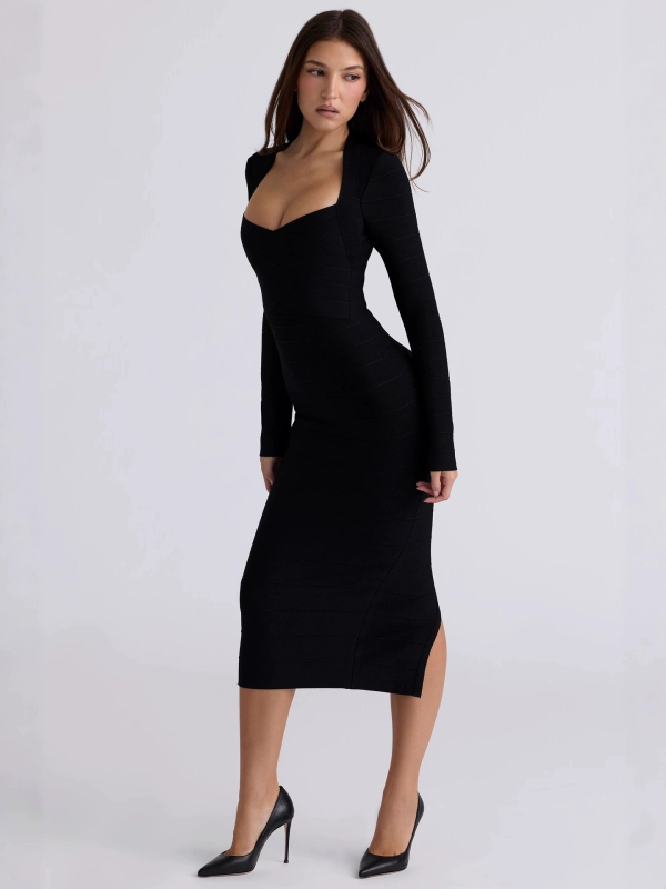 Elegantna haljina s U-izrezom, dugi rukavi, bandage stil, midi duljina, pogodna za party i večernje prigode
