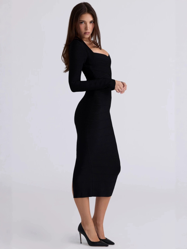 Elegantna haljina s U-izrezom, dugi rukavi, bandage stil, midi duljina, pogodna za party i večernje prigode