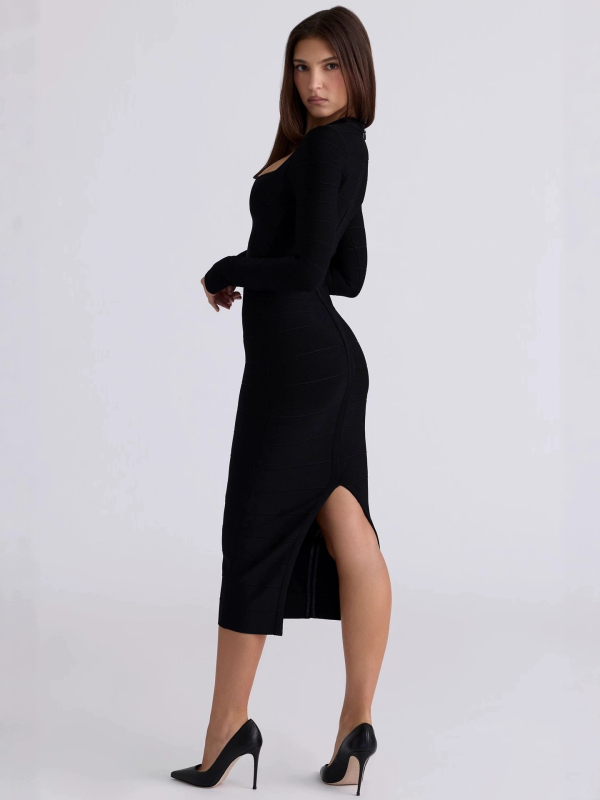 Elegantna haljina s U-izrezom, dugi rukavi, bandage stil, midi duljina, pogodna za party i večernje prigode