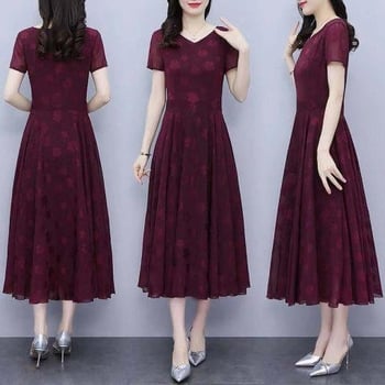 Μακρύ φόρεμα σε γραμμή Α για γυναίκες μέσης ηλικίας, V-λαιμό, φλοράλ με 3D εκτύπωση σε πολυεστερικό ύφασμα