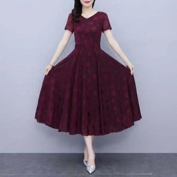 Μακρύ φόρεμα σε γραμμή Α για γυναίκες μέσης ηλικίας, V-λαιμό, φλοράλ με 3D εκτύπωση σε πολυεστερικό ύφασμα