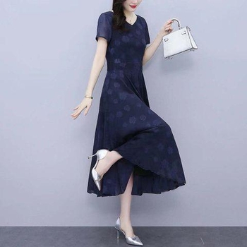 Μακρύ φόρεμα σε γραμμή Α για γυναίκες μέσης ηλικίας, V-λαιμό, φλοράλ με 3D εκτύπωση σε πολυεστερικό ύφασμα