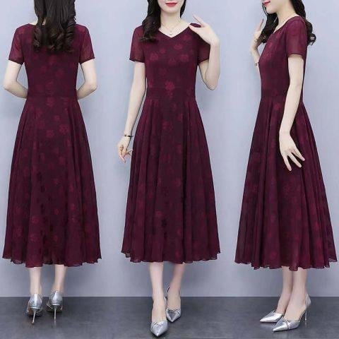 Μακρύ φόρεμα σε γραμμή Α για γυναίκες μέσης ηλικίας, V-λαιμό, φλοράλ με 3D εκτύπωση σε πολυεστερικό ύφασμα