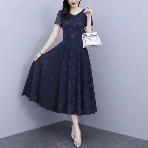 Μακρύ φόρεμα σε γραμμή Α για γυναίκες μέσης ηλικίας, V-λαιμό, φλοράλ με 3D εκτύπωση σε πολυεστερικό ύφασμα