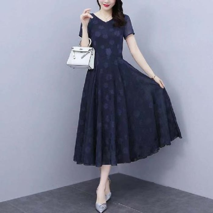 Μακρύ φόρεμα σε γραμμή Α για γυναίκες μέσης ηλικίας, V-λαιμό, φλοράλ με 3D εκτύπωση σε πολυεστερικό ύφασμα