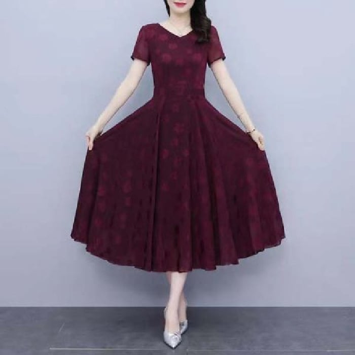 Μακρύ φόρεμα σε γραμμή Α για γυναίκες μέσης ηλικίας, V-λαιμό, φλοράλ με 3D εκτύπωση σε πολυεστερικό ύφασμα