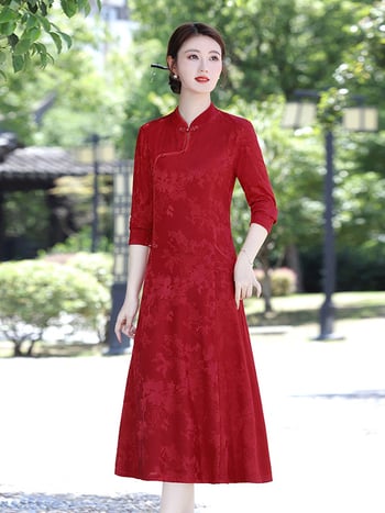 Ilgomis rankovėmis su kinų stiliumi, vidutinio ilgio, ruduo 2025, poliesterio audinys, 80–90% poliesterio, literatūrinis retro stilius