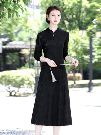 Ilgomis rankovėmis su kinų stiliumi, vidutinio ilgio, ruduo 2025, poliesterio audinys, 80–90% poliesterio, literatūrinis retro stilius