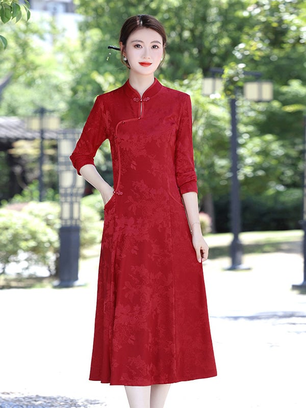 Ilgomis rankovėmis su kinų stiliumi, vidutinio ilgio, ruduo 2025, poliesterio audinys, 80–90% poliesterio, literatūrinis retro stilius