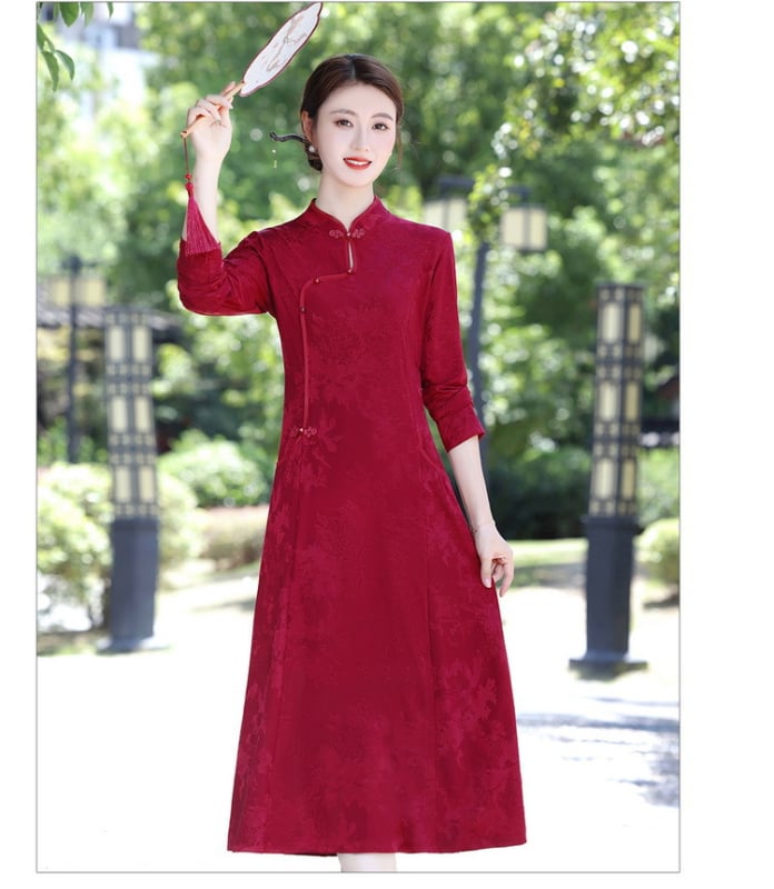 Ilgomis rankovėmis su kinų stiliumi, vidutinio ilgio, ruduo 2025, poliesterio audinys, 80–90% poliesterio, literatūrinis retro stilius