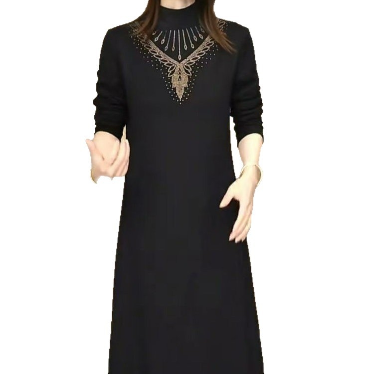 A-образна рокля, патчворк стил, средна дължина, полутърнек яка, дълги ръкави, полиестерна материя