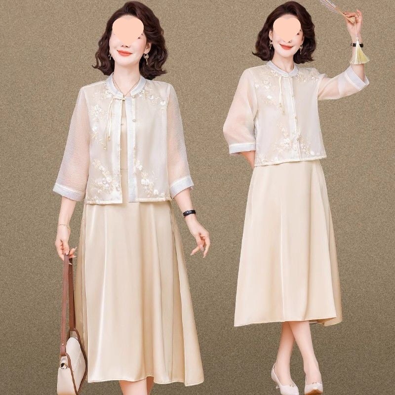 J5C Novi kineski stil majčini ljetni komplet haljina, dvodijelni set s dugom suknjom, kapuljača, okrugli izrez, 3/4 rukavi, pleteni najlonski materijal, umjetnički vintage – proljeće 2025