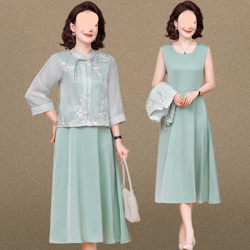 J5C Novi kineski stil majčini ljetni komplet haljina, dvodijelni set s dugom suknjom, kapuljača, okrugli izrez, 3/4 rukavi, pleteni najlonski materijal, umjetnički vintage – proljeće 2025