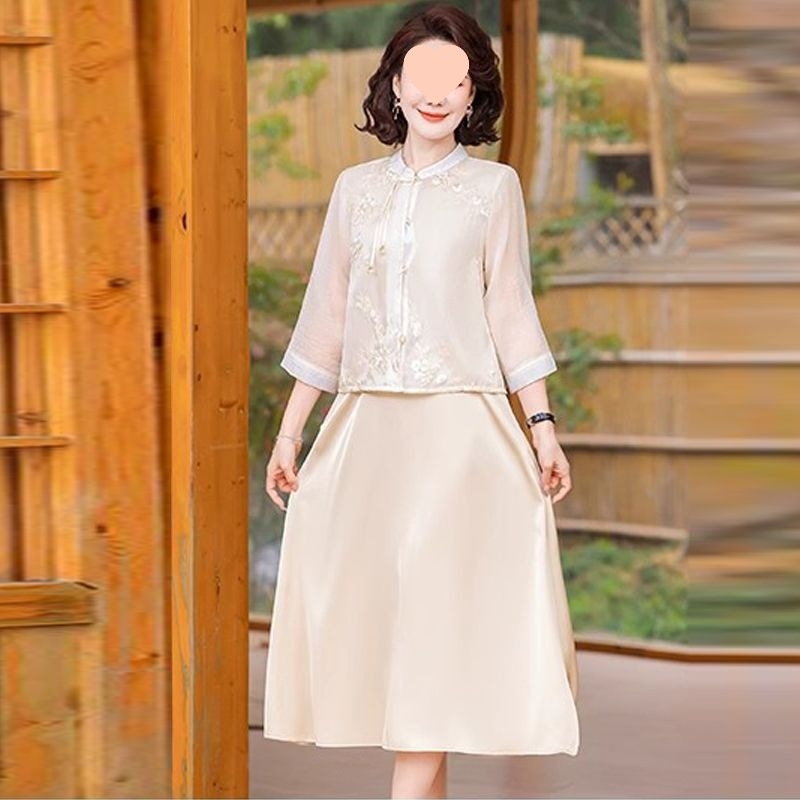J5C Novi kineski stil majčini ljetni komplet haljina, dvodijelni set s dugom suknjom, kapuljača, okrugli izrez, 3/4 rukavi, pleteni najlonski materijal, umjetnički vintage – proljeće 2025