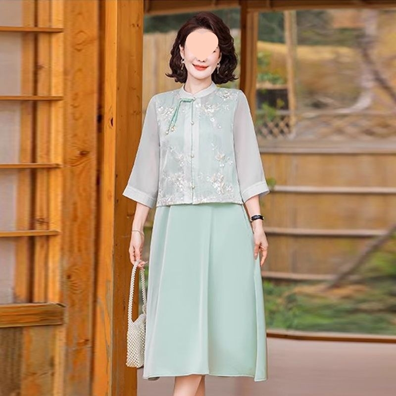 J5C Novi kineski stil majčini ljetni komplet haljina, dvodijelni set s dugom suknjom, kapuljača, okrugli izrez, 3/4 rukavi, pleteni najlonski materijal, umjetnički vintage – proljeće 2025