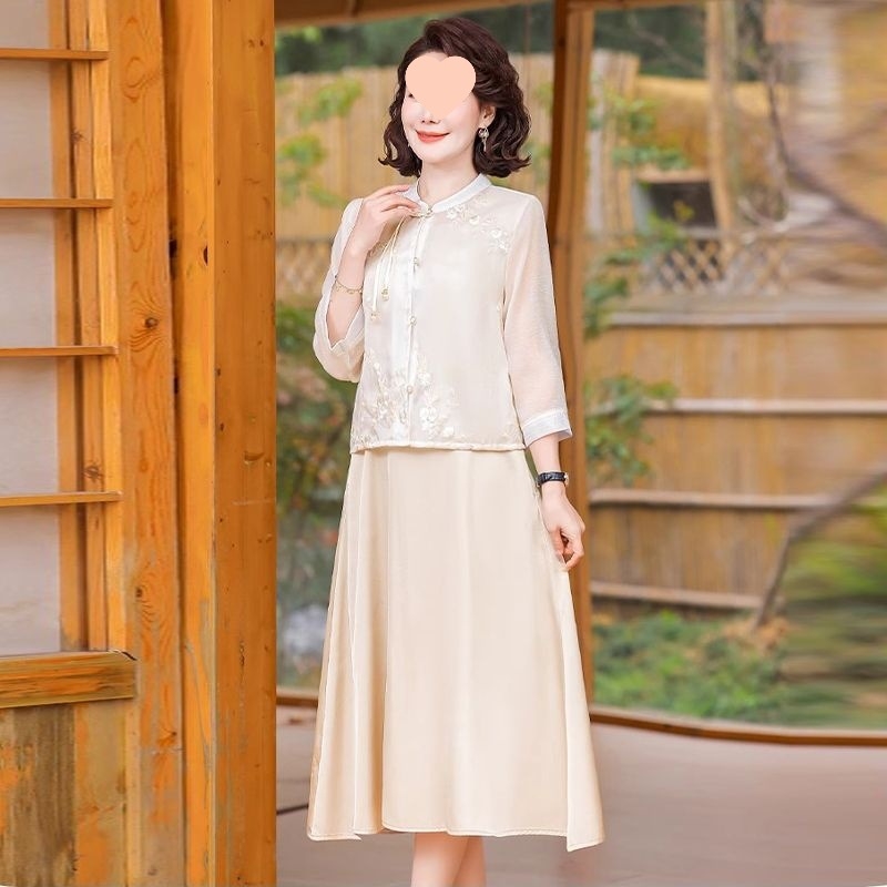 J5C Novi kineski stil majčini ljetni komplet haljina, dvodijelni set s dugom suknjom, kapuljača, okrugli izrez, 3/4 rukavi, pleteni najlonski materijal, umjetnički vintage – proljeće 2025