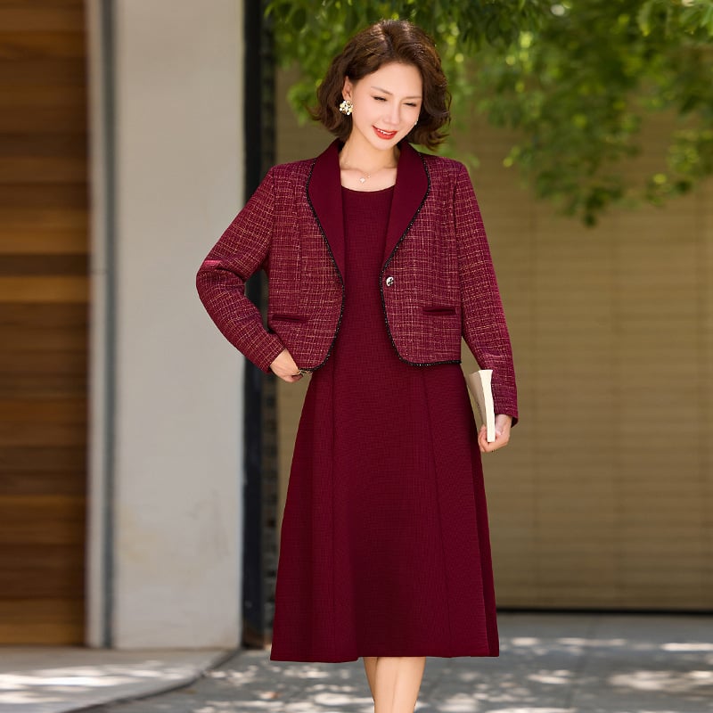 Kaheosaline komplekt äide pulmadeks – sügisese mantliga, 2025 elegantne stiil, midi seelik, polüester 90–95%, triikimata