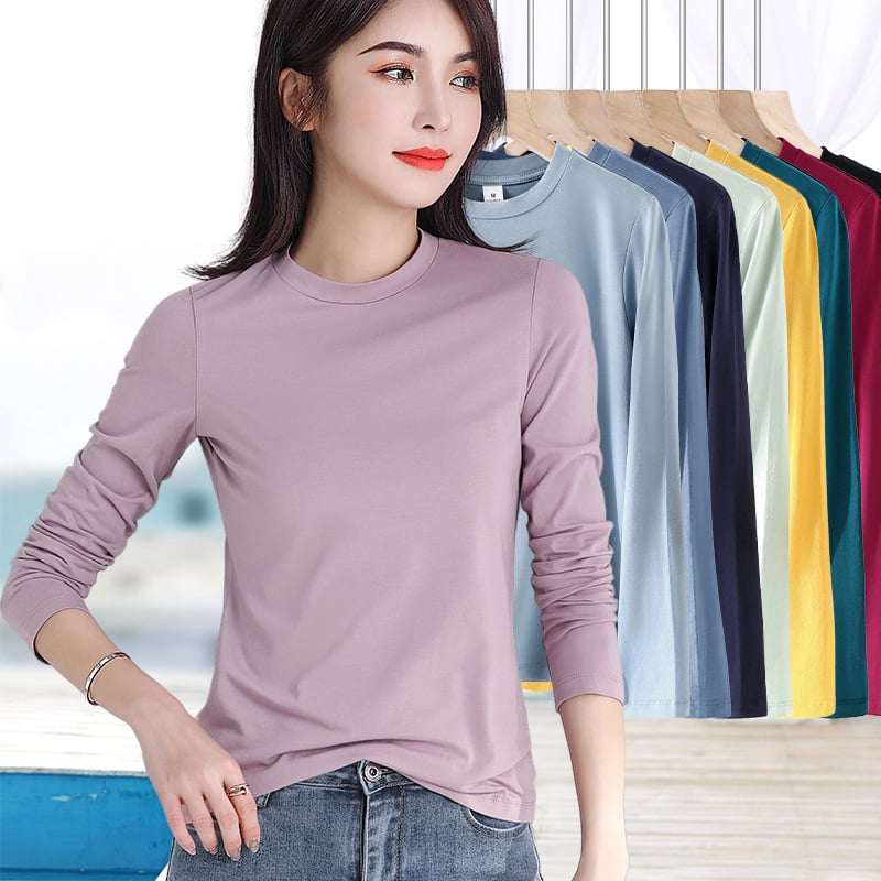 Tricou din bumbac cu mâneci lungi, croială slim, guler semi‑înalt, culoare solidă, lungime standard