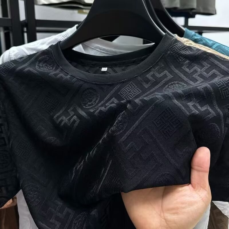 Muška T‑majica slim-fit od ice silk s jacquard uzorkom, kratki rukav, okrugli ovratnik, prozračna i odvlačuje vlagu, geometrijski mrežasti uzorak