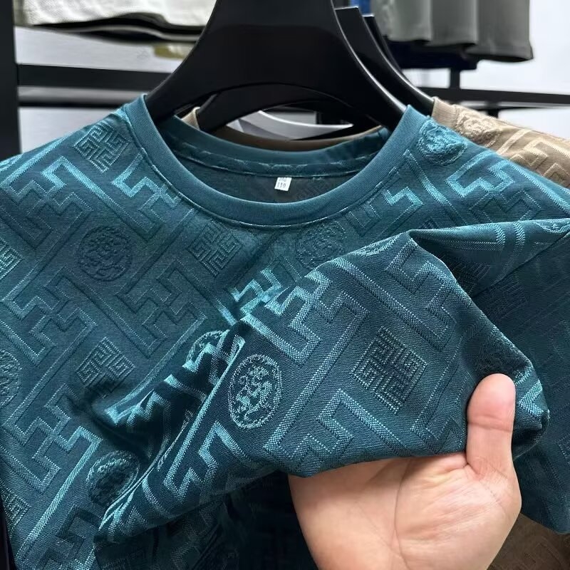 Muška T‑majica slim-fit od ice silk s jacquard uzorkom, kratki rukav, okrugli ovratnik, prozračna i odvlačuje vlagu, geometrijski mrežasti uzorak