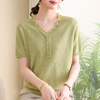 Naistele lühikeste varrukatega ice-silk top, ümmarguse kaelusega, igapäevane stiil, polüestri kiud >95%, triikimata