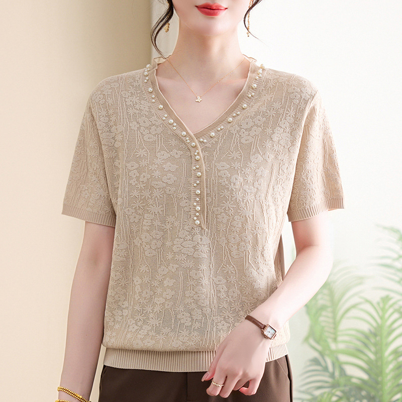 Naistele lühikeste varrukatega ice-silk top, ümmarguse kaelusega, igapäevane stiil, polüestri kiud >95%, triikimata