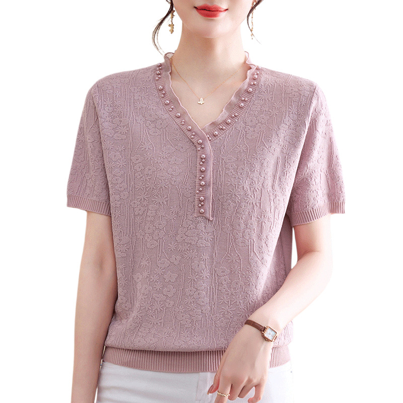 Naistele lühikeste varrukatega ice-silk top, ümmarguse kaelusega, igapäevane stiil, polüestri kiud >95%, triikimata