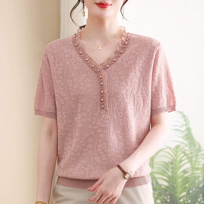 Naistele lühikeste varrukatega ice-silk top, ümmarguse kaelusega, igapäevane stiil, polüestri kiud >95%, triikimata