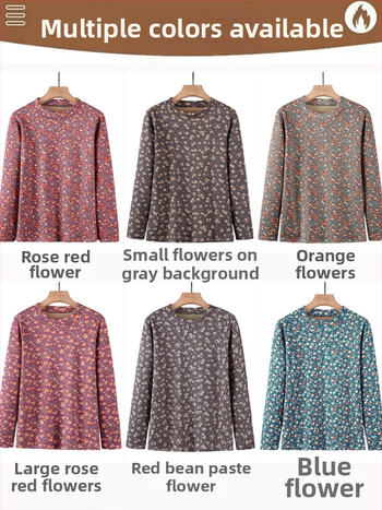 Moteriška šilta apatinė palaidinė su ilgomis rankovėmis, apvaliu kaklu, gėlių raštas, poliesterio pluoštas (>95%)