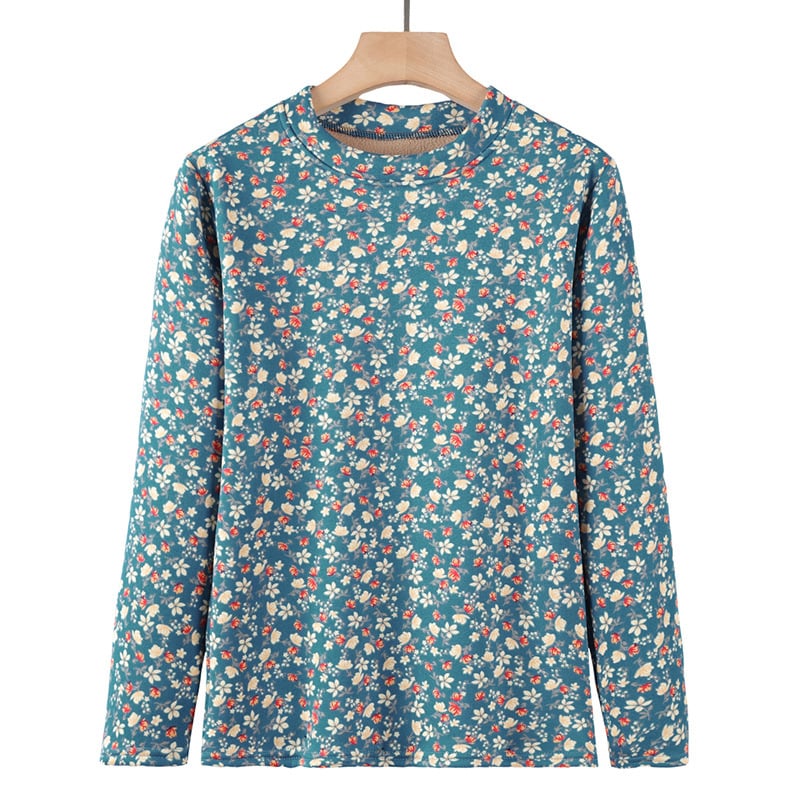 Moteriška šilta apatinė palaidinė su ilgomis rankovėmis, apvaliu kaklu, gėlių raštas, poliesterio pluoštas (>95%)