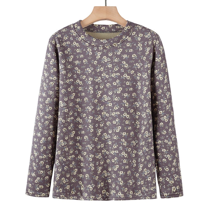 Moteriška šilta apatinė palaidinė su ilgomis rankovėmis, apvaliu kaklu, gėlių raštas, poliesterio pluoštas (>95%)