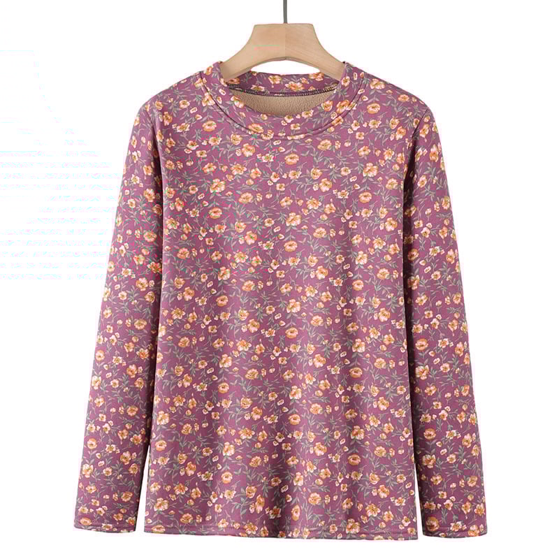 Moteriška šilta apatinė palaidinė su ilgomis rankovėmis, apvaliu kaklu, gėlių raštas, poliesterio pluoštas (>95%)