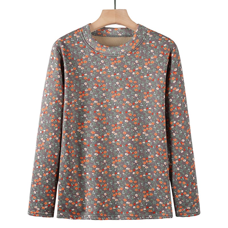 Moteriška šilta apatinė palaidinė su ilgomis rankovėmis, apvaliu kaklu, gėlių raštas, poliesterio pluoštas (>95%)