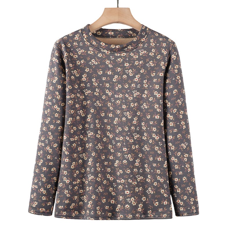 Moteriška šilta apatinė palaidinė su ilgomis rankovėmis, apvaliu kaklu, gėlių raštas, poliesterio pluoštas (>95%)