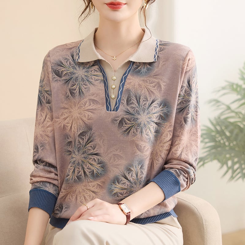 Moteriški ilgomis rankovėmis marškinėliai su apykakle-lapelė — elegantiškas stilius, ruduo 2025, poliesteris (>95%)