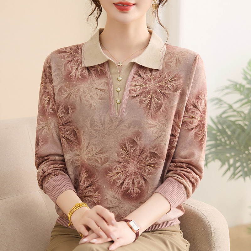 Moteriški ilgomis rankovėmis marškinėliai su apykakle-lapelė — elegantiškas stilius, ruduo 2025, poliesteris (>95%)