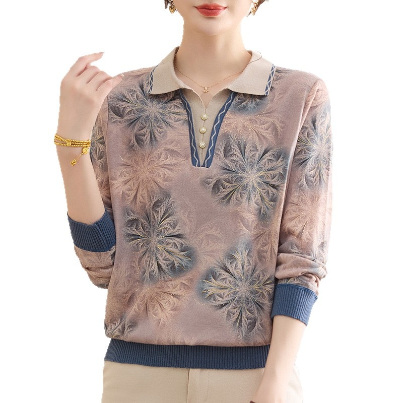 Moteriški ilgomis rankovėmis marškinėliai su apykakle-lapelė — elegantiškas stilius, ruduo 2025, poliesteris (>95%)