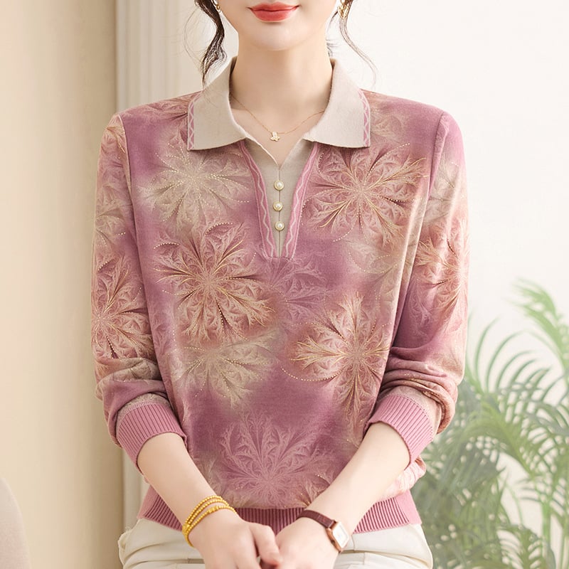 Moteriški ilgomis rankovėmis marškinėliai su apykakle-lapelė — elegantiškas stilius, ruduo 2025, poliesteris (>95%)