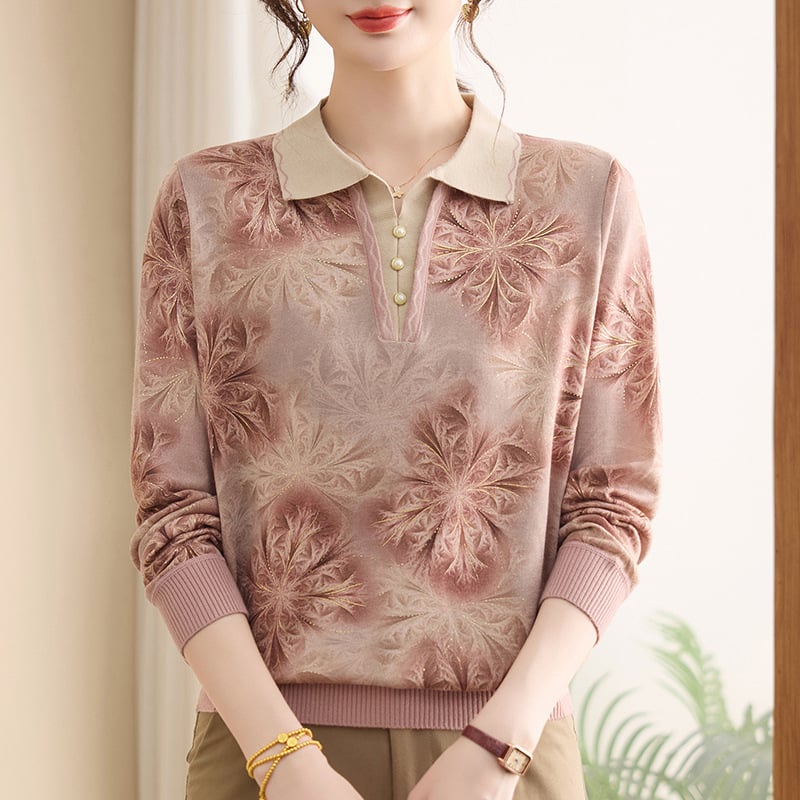 Moteriški ilgomis rankovėmis marškinėliai su apykakle-lapelė — elegantiškas stilius, ruduo 2025, poliesteris (>95%)