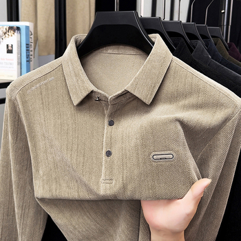 Tricou pentru bărbați cu mânecă lungă, croială lejeră, guler rever, culoare solidă, stil coreean pulover, poliester 87% + elastan 13% (Stil: versiune coreeană, pulover; Material: poliester 87% + elastan 13%; Model: solid; Croială: lejeră; Guler: rever)