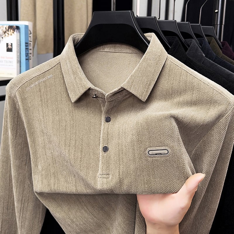 Tricou pentru bărbați cu mânecă lungă, croială lejeră, guler rever, culoare solidă, stil coreean pulover, poliester 87% + elastan 13% (Stil: versiune coreeană, pulover; Material: poliester 87% + elastan 13%; Model: solid; Croială: lejeră; Guler: rever)