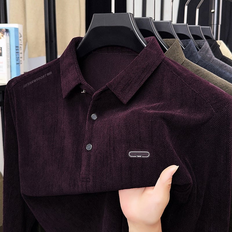 Tricou pentru bărbați cu mânecă lungă, croială lejeră, guler rever, culoare solidă, stil coreean pulover, poliester 87% + elastan 13% (Stil: versiune coreeană, pulover; Material: poliester 87% + elastan 13%; Model: solid; Croială: lejeră; Guler: rever)